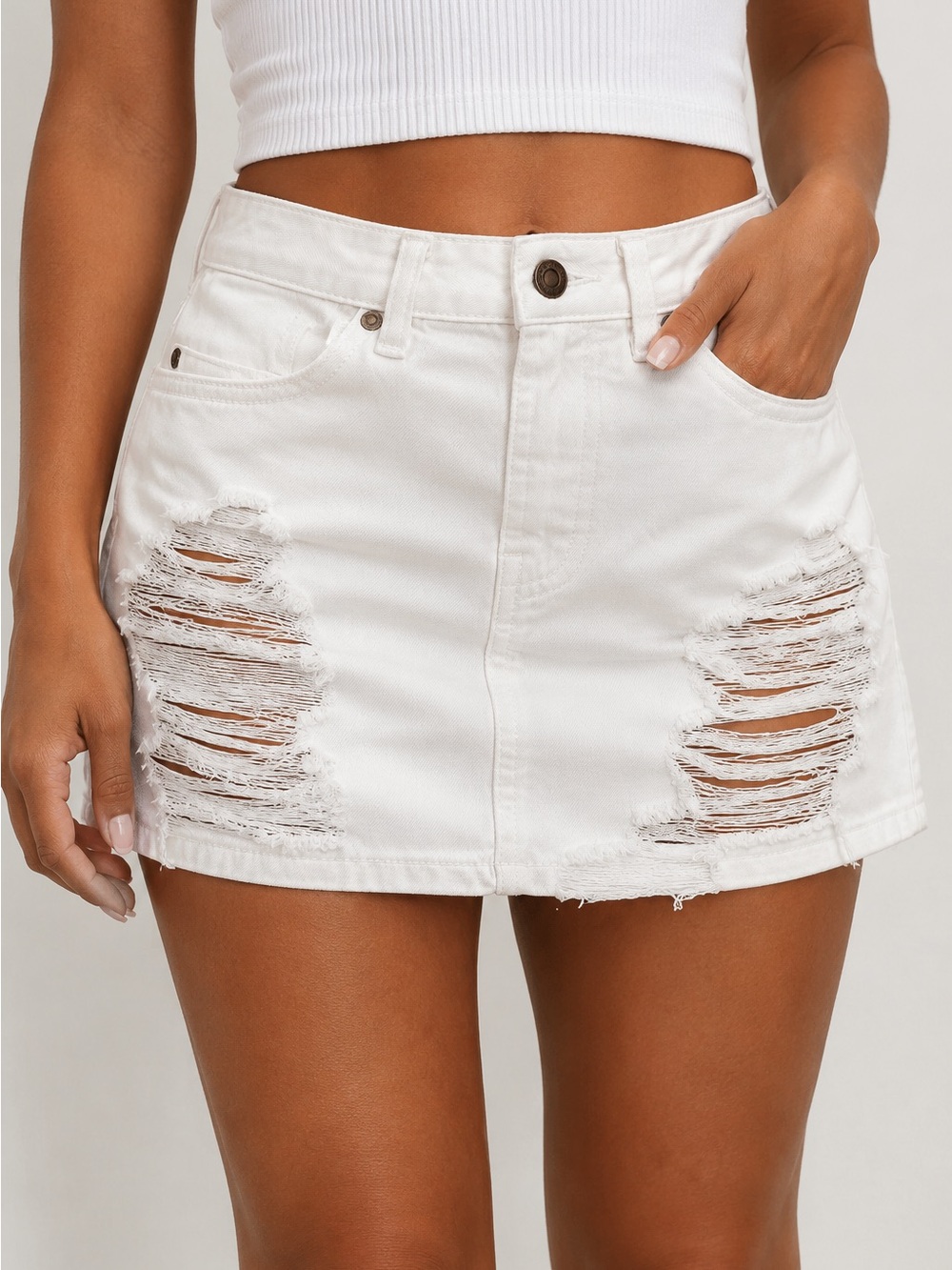 Pistola White Distressed Denim Mini Skirt